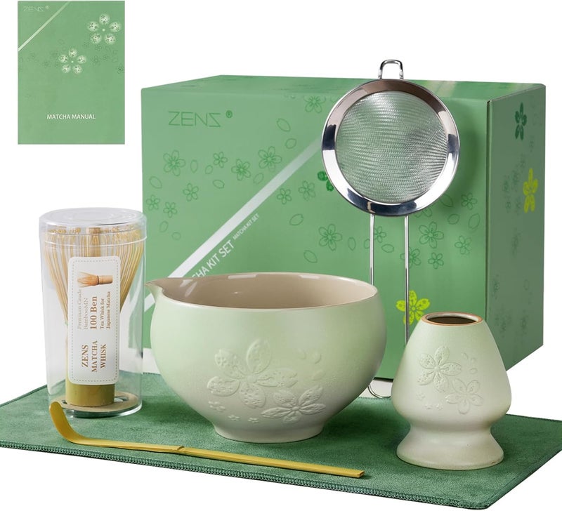 Zens Matcha Whisk Set, Ceramic Matcha Tea Set with 15oz Sakura Bowl and Bamboo Whisk & Scoop, (Chasen Holder), Stainless Sifter-Tea Towel, 6pcs Matcha Kit for Matcha Lovers, Green - Image 1